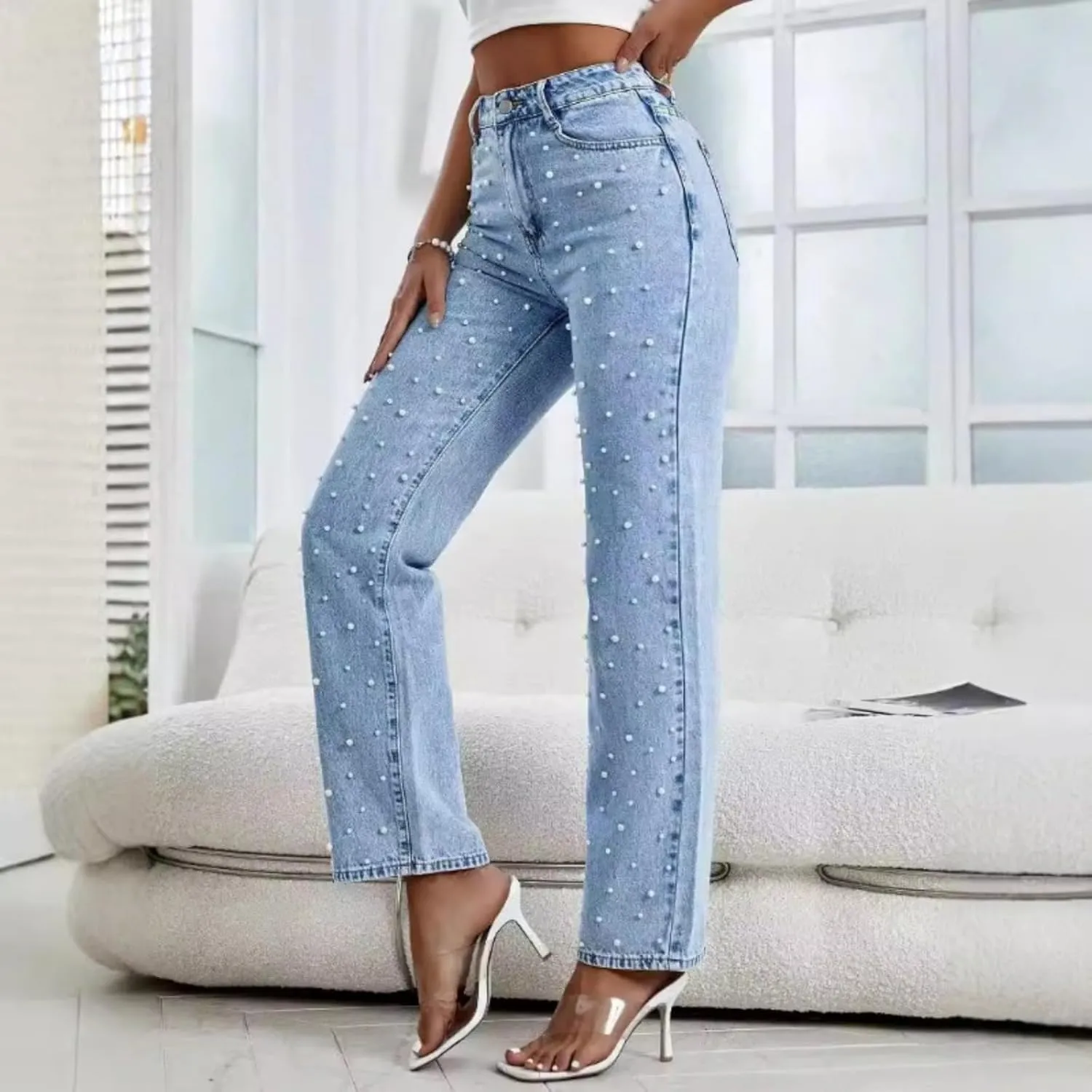 Women's high Waist Pearl Jeans Irregular Loose Straight Casual Jeans