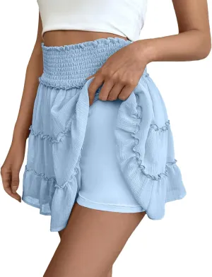 Women's High Waisted Flowy Skorts Boho Ruffle Skirts Pleated Tennis Beach Vacation Short Casual A Line Summer Tiered Skirt