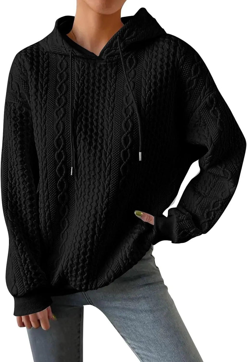 Womens Hoodies Cable Knitted Long Sleeve Drawstring Pullover Tops Loose Hooded Sweatshirt