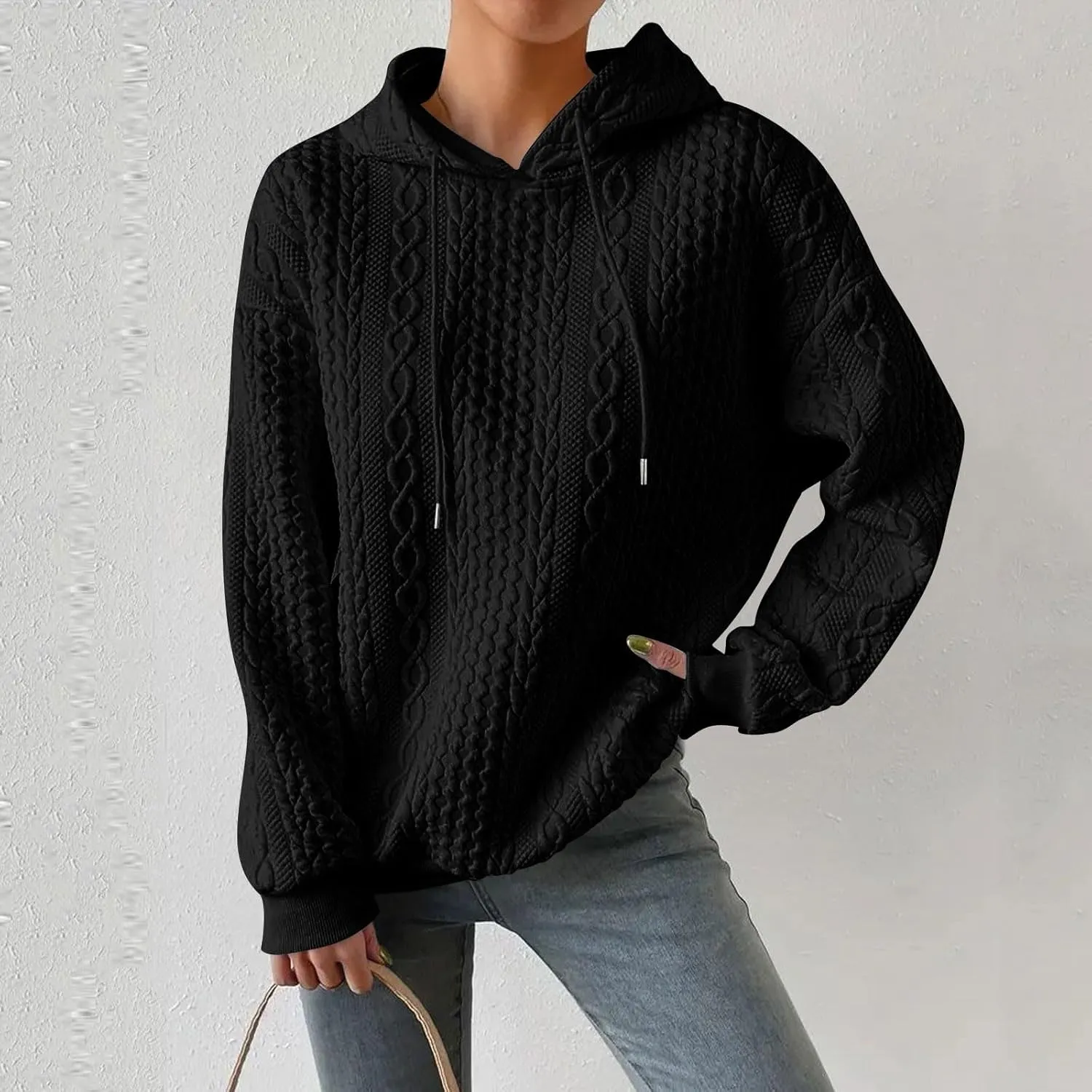 Womens Hoodies Cable Knitted Long Sleeve Drawstring Pullover Tops Loose Hooded Sweatshirt