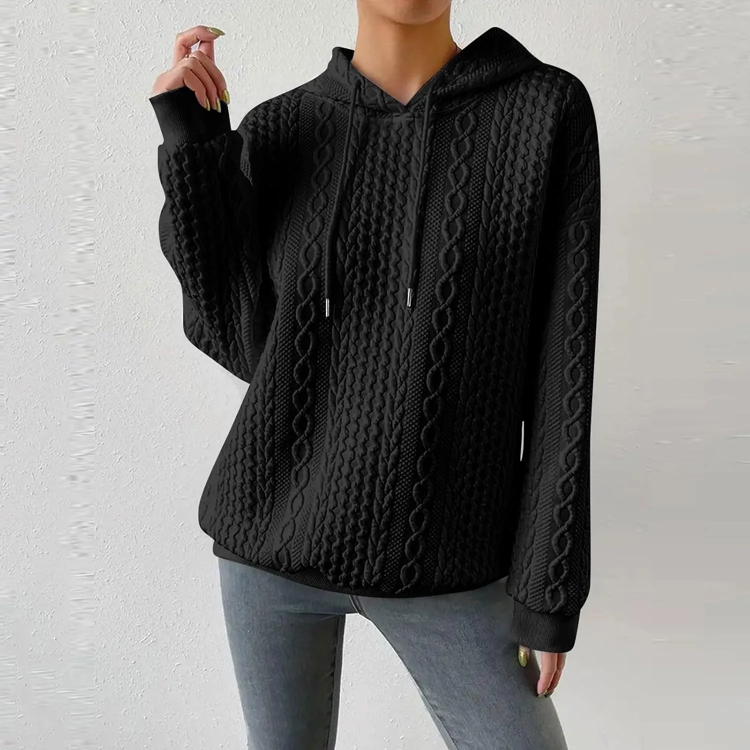 Womens Hoodies Cable Knitted Long Sleeve Drawstring Pullover Tops Loose Hooded Sweatshirt