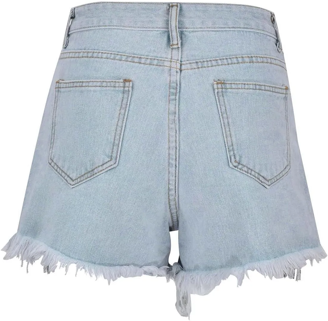 Women's Jeans Shorts Tassel Pearl Fashion High Waisted Seamless Skinny Elastic Trendy Denim Shorts with Pockets