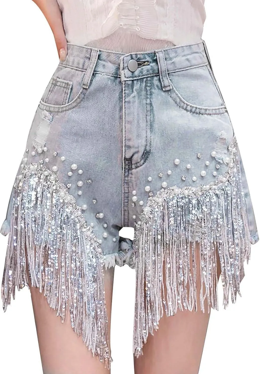 Women's Jeans Shorts Tassel Pearl Fashion High Waisted Seamless Skinny Elastic Trendy Denim Shorts with Pockets