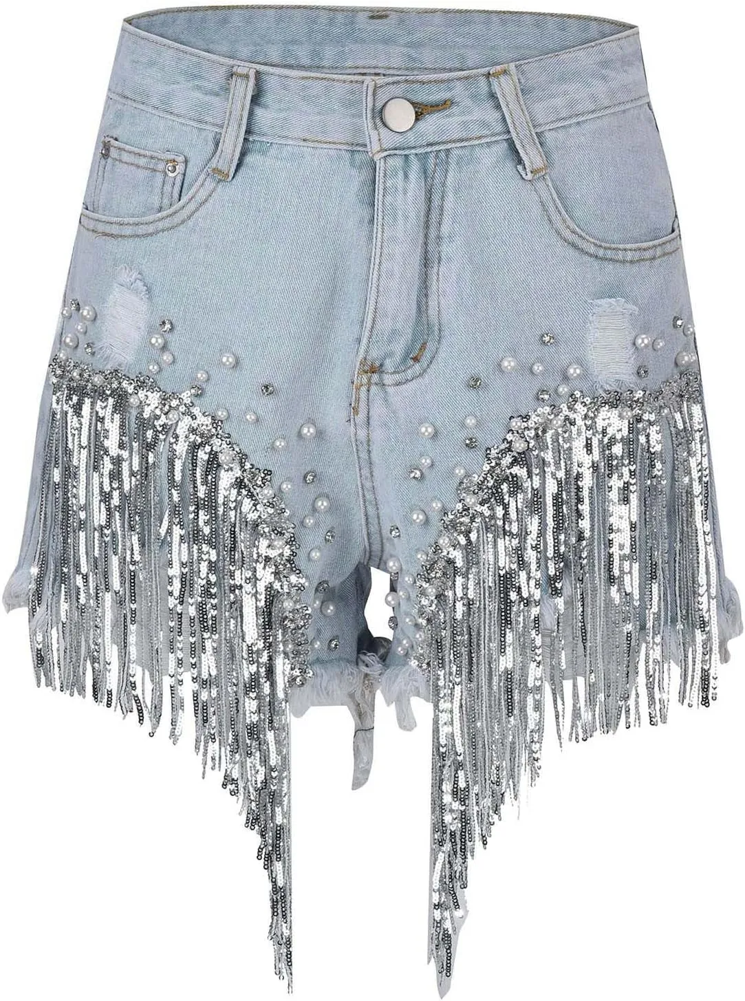 Women's Jeans Shorts Tassel Pearl Fashion High Waisted Seamless Skinny Elastic Trendy Denim Shorts with Pockets