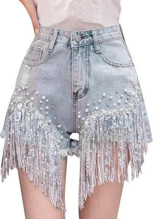 Women's Jeans Shorts Tassel Pearl Fashion High Waisted Seamless Skinny Elastic Trendy Denim Shorts with Pockets