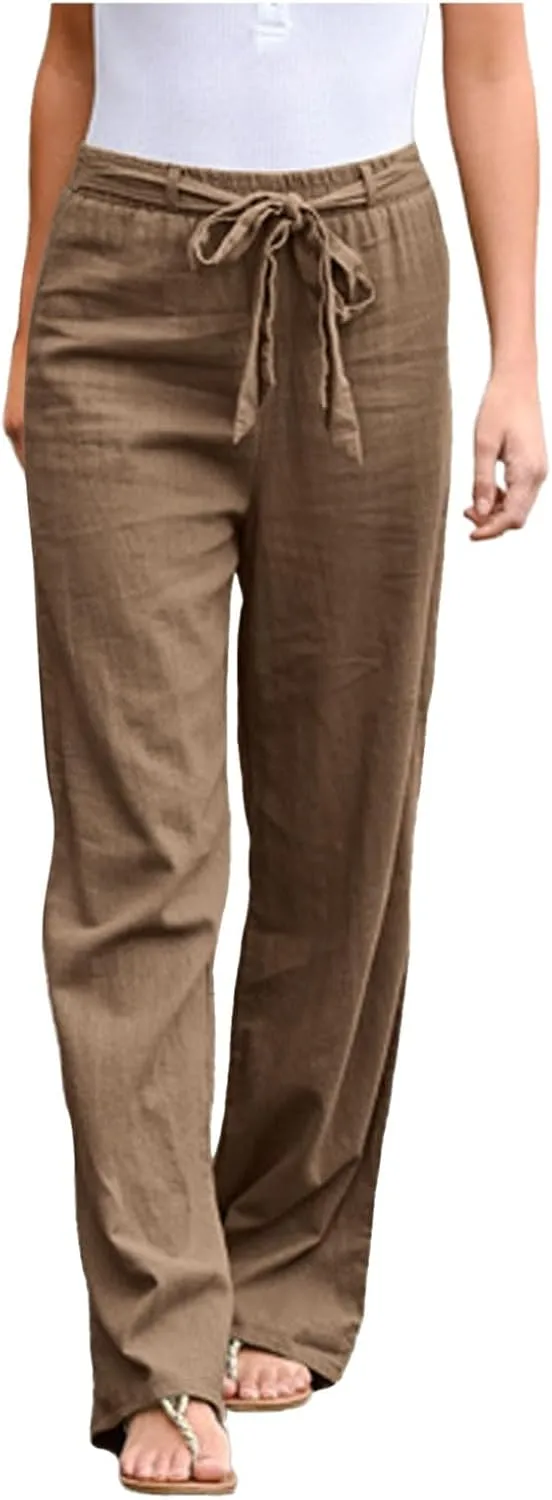 Women's Linen Blend Summer Solid Palazzo Pants High Waist Straight Plus Size Palazzo Lounge Pants Vacation