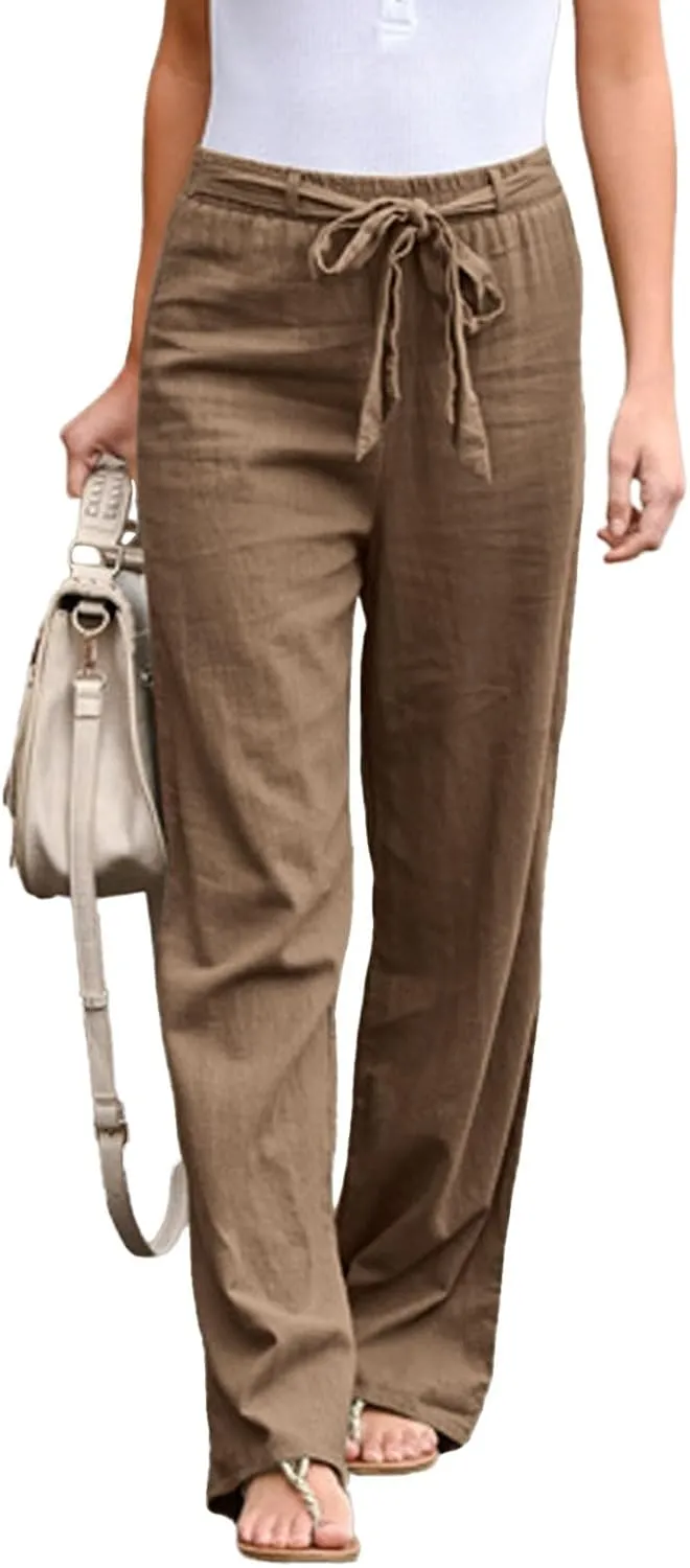 Women's Linen Blend Summer Solid Palazzo Pants High Waist Straight Plus Size Palazzo Lounge Pants Vacation
