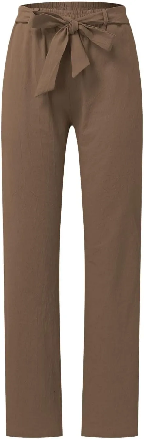 Women's Linen Blend Summer Solid Palazzo Pants High Waist Straight Plus Size Palazzo Lounge Pants Vacation