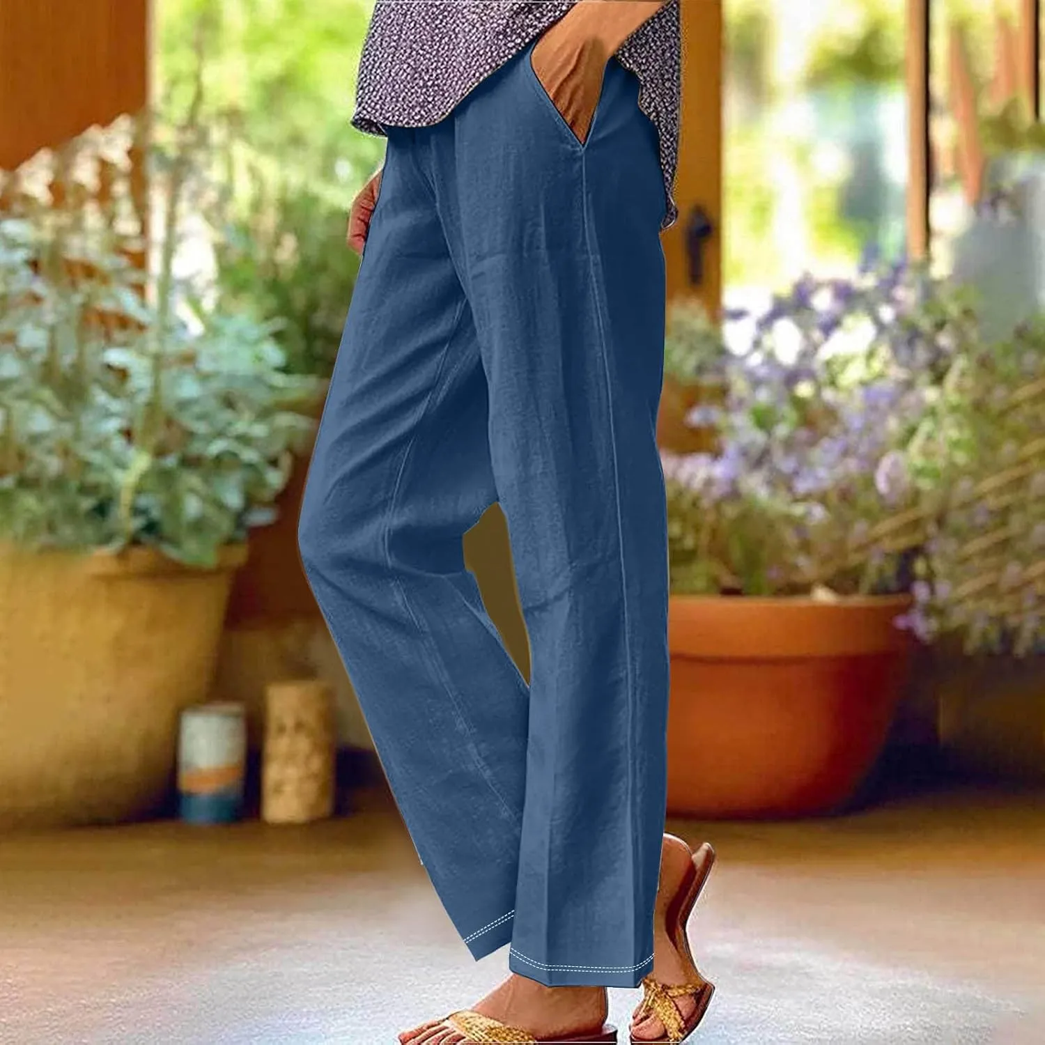 Womens Linen Pants with Pockets Lounge Pants 2025 High Waist Pants Comfy Gauze Pants Casua Lightweight Loose Trousers