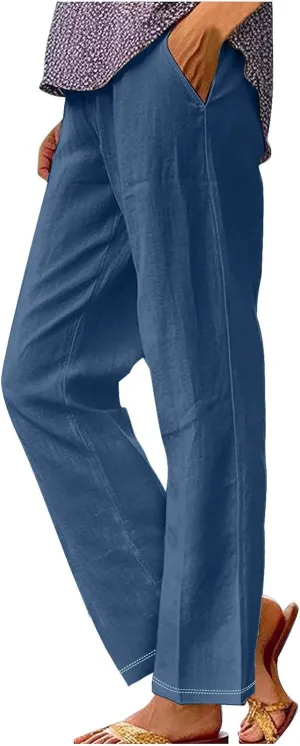 Womens Linen Pants with Pockets Lounge Pants 2025 High Waist Pants Comfy Gauze Pants Casua Lightweight Loose Trousers