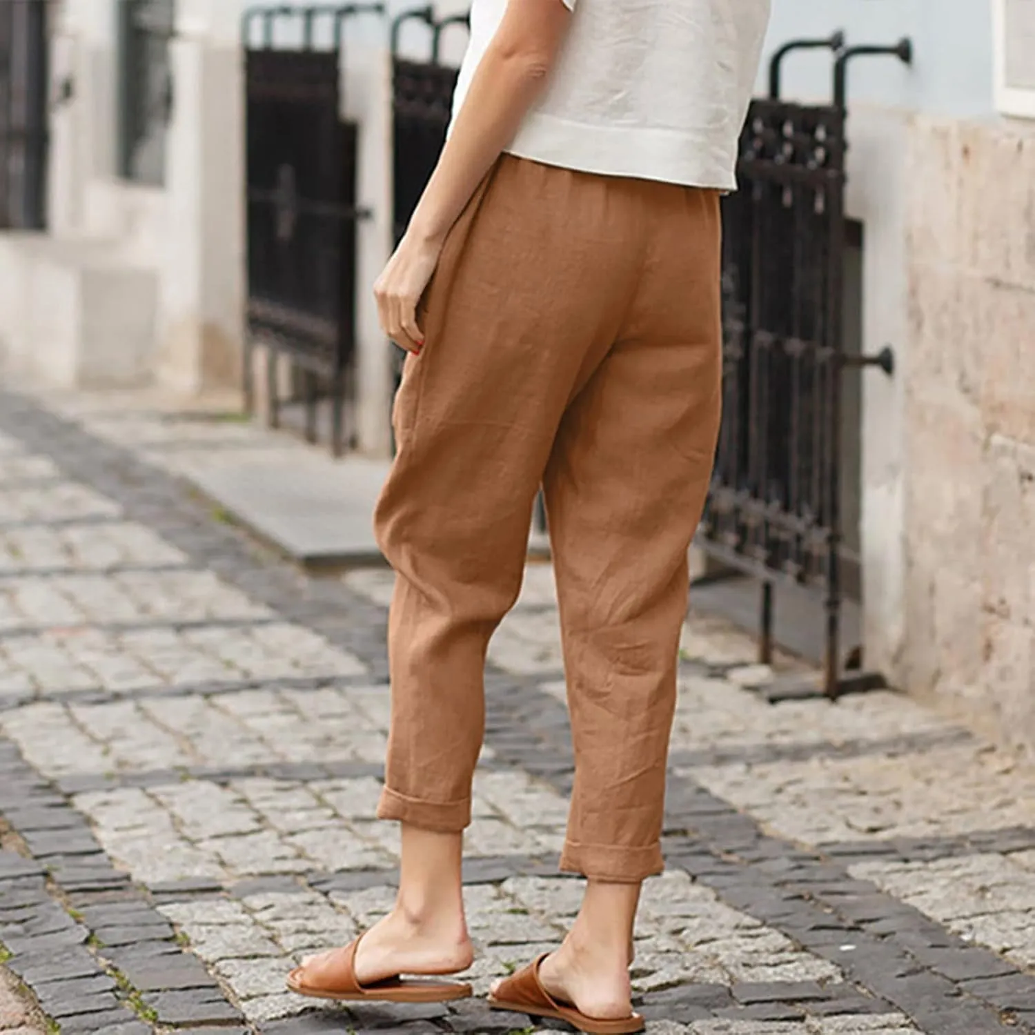 Women's Linen Summer Y2K Streetwear Pants High Waist Baggy Stretchy Loose Fit Pants Trendy