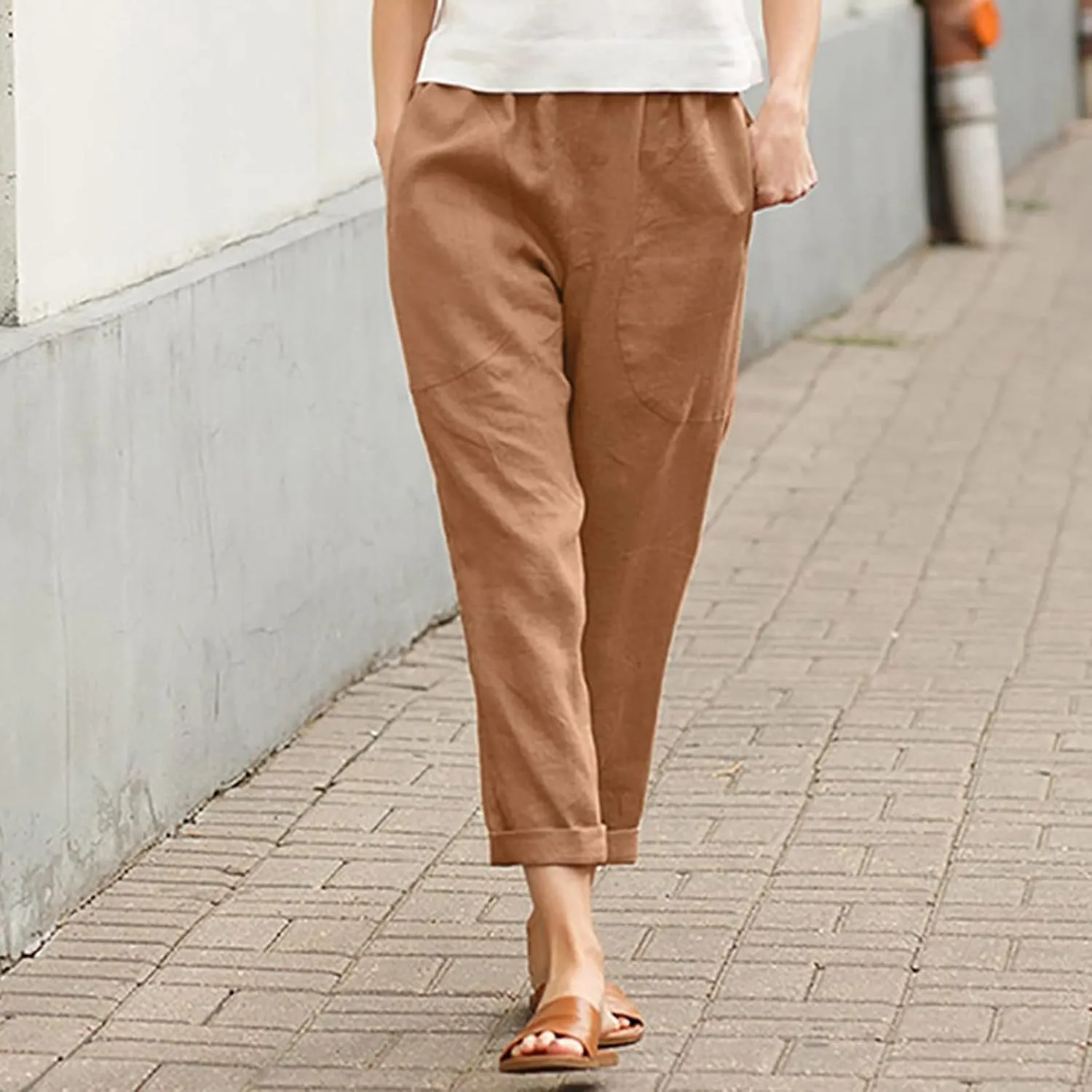 Women's Linen Summer Y2K Streetwear Pants High Waist Baggy Stretchy Loose Fit Pants Trendy