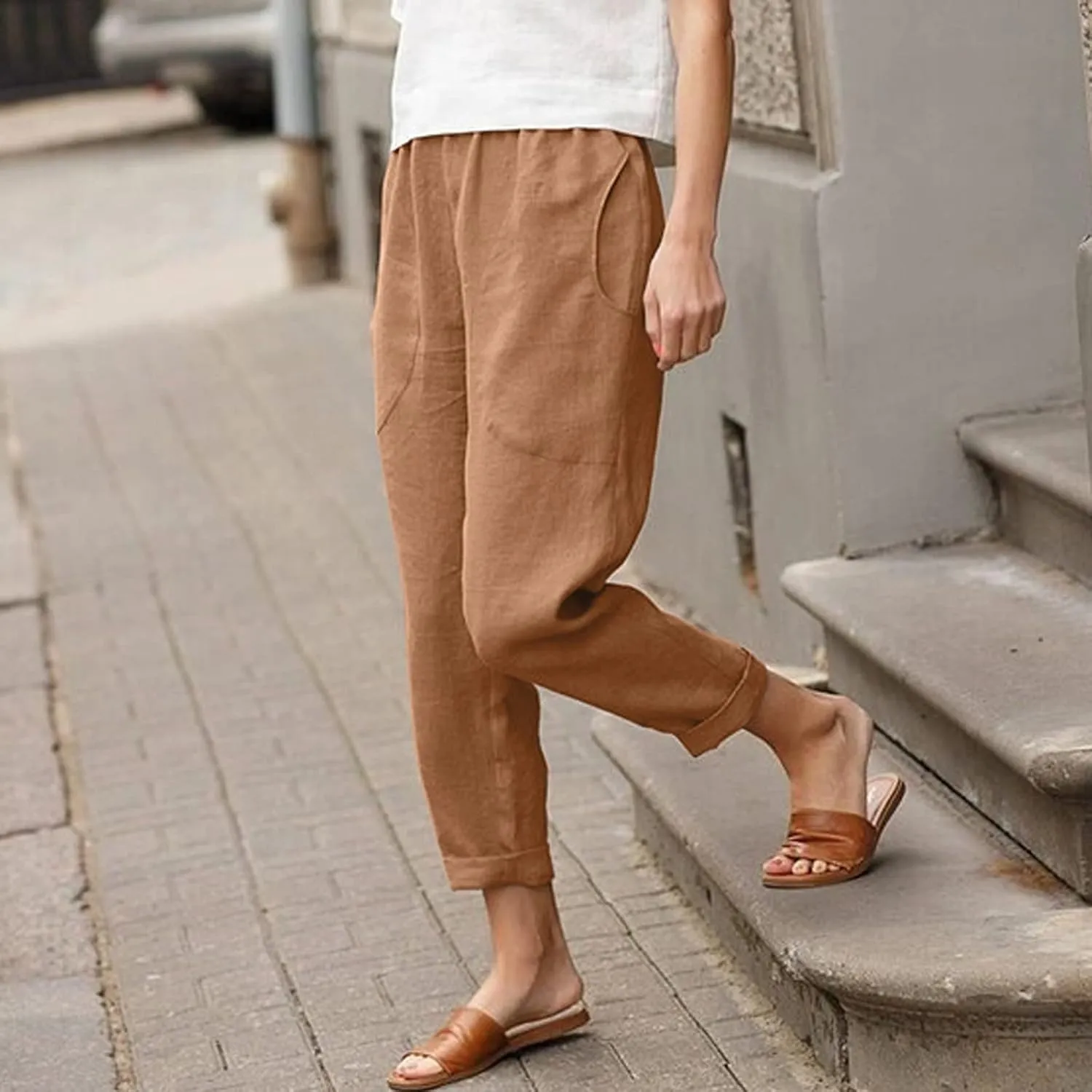 Women's Linen Summer Y2K Streetwear Pants High Waist Baggy Stretchy Loose Fit Pants Trendy