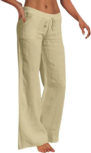 Womens Linen Wide Leg Pants 2024 Casual Loose Lightweigt Beach Palazzo Harem Pants High Waisted Pants Comfy Trousers