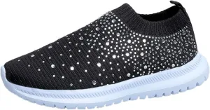 Women's Mesh Walking Shoes, Rhinestone Glitter Breathable Slip-on Loafers Non-Slip Orthopedic Sneaker (Black,5)