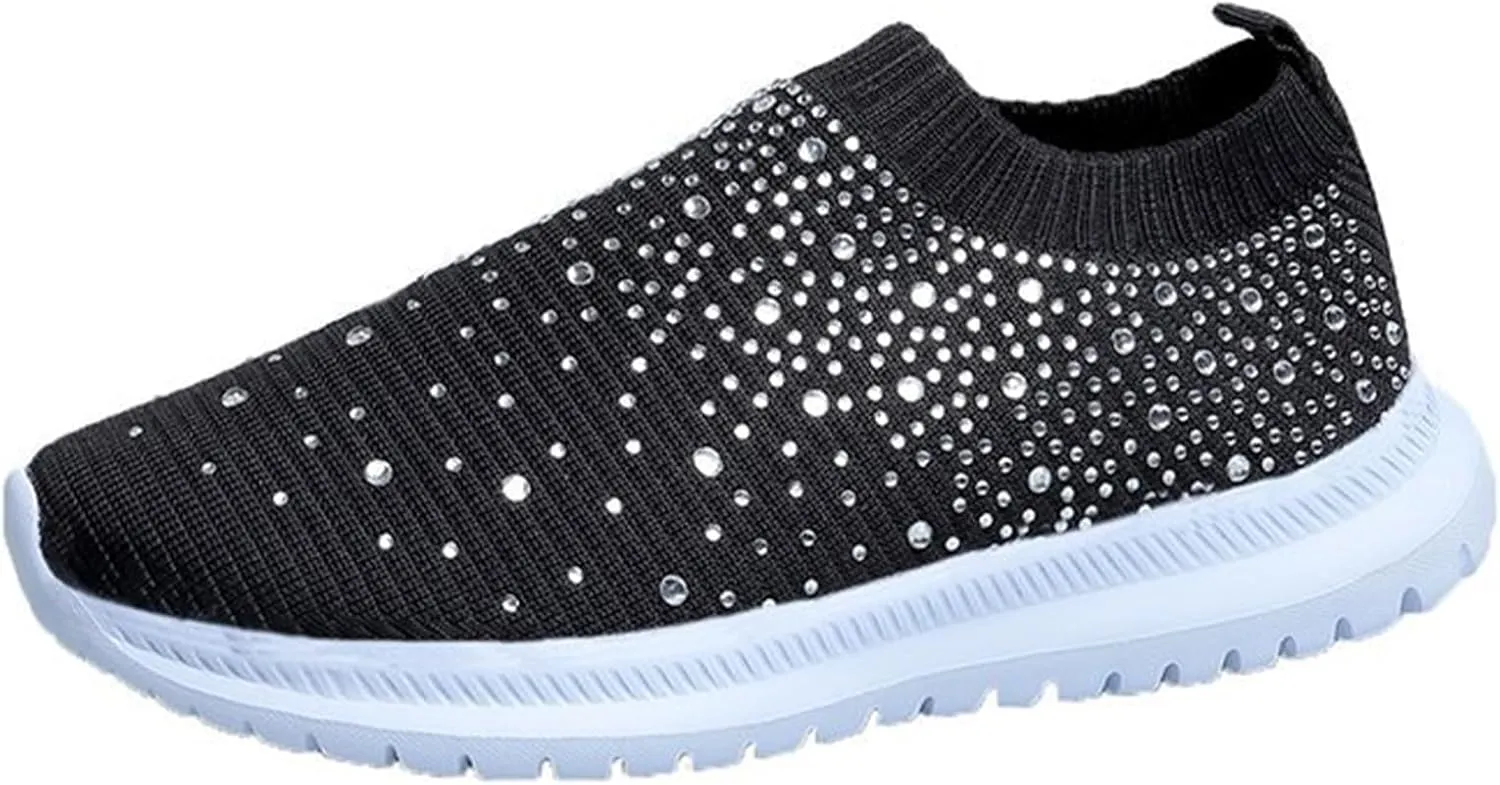 Women's Mesh Walking Shoes, Rhinestone Glitter Breathable Slip-on Loafers Non-Slip Orthopedic Sneaker (Black,5)