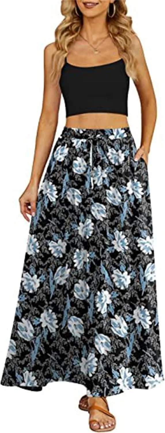 Womens Midi Length Skirt, High Waist A Line Ruffle Swing Long Maxi Skirt, Summer Pleated Floral Long Skirts with Pockets
