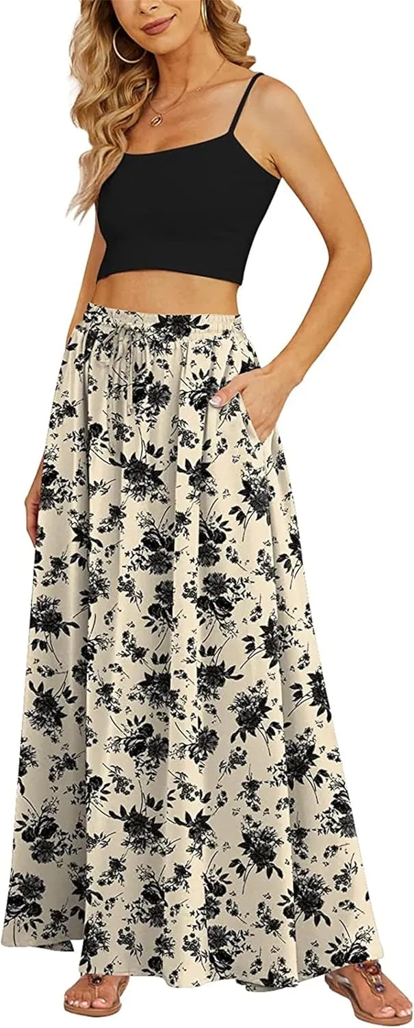 Womens Midi Length Skirt, High Waist A Line Ruffle Swing Long Maxi Skirt, Summer Pleated Floral Long Skirts with Pockets