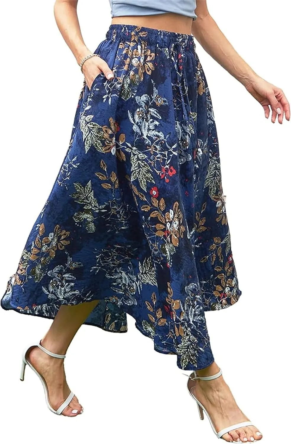 Womens Midi Length Skirt, High Waist A Line Ruffle Swing Long Maxi Skirt, Summer Pleated Floral Long Skirts with Pockets