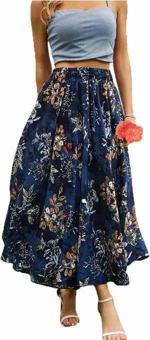 Womens Midi Length Skirt, High Waist A Line Ruffle Swing Long Maxi Skirt, Summer Pleated Floral Long Skirts with Pockets