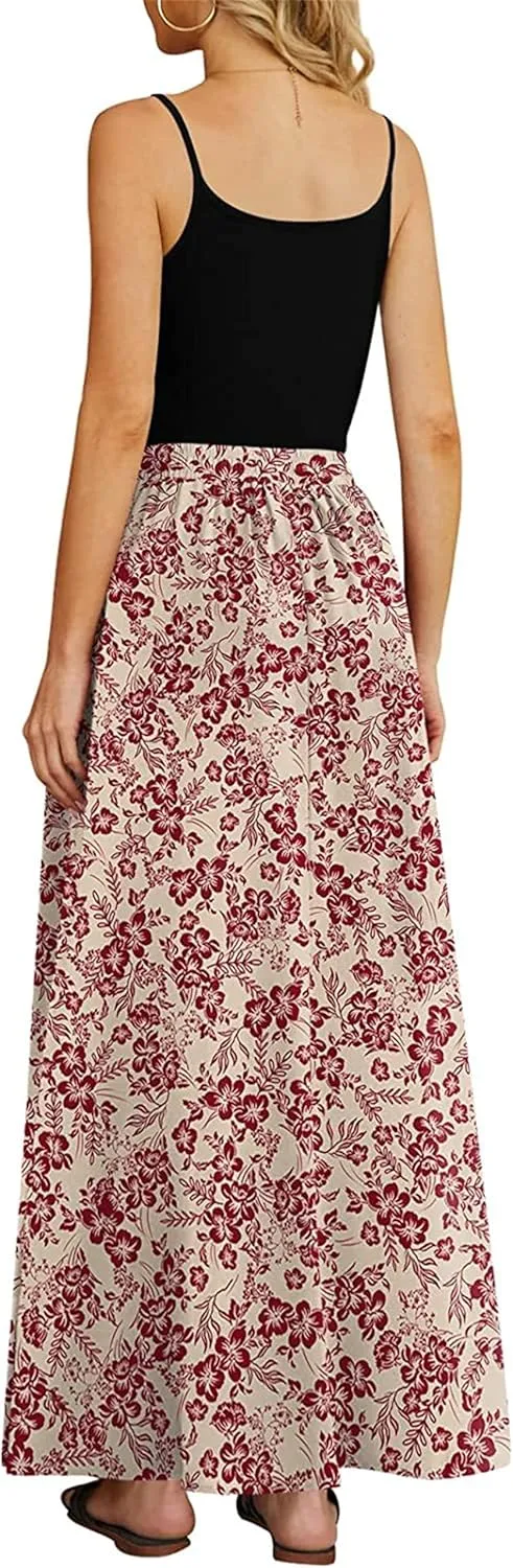 Womens Midi Length Skirt, High Waist A Line Ruffle Swing Long Maxi Skirt, Summer Pleated Floral Long Skirts with Pockets