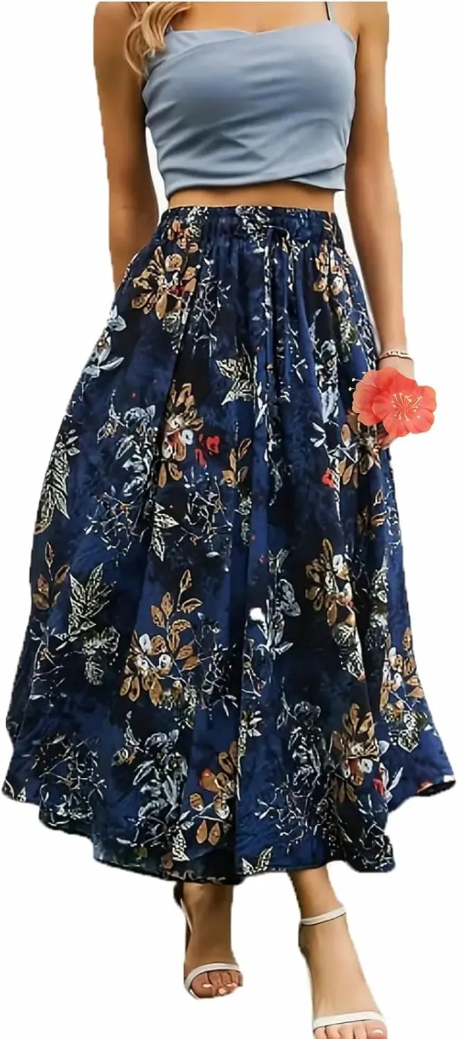Womens Midi Length Skirt, High Waist A Line Ruffle Swing Long Maxi Skirt, Summer Pleated Floral Long Skirts with Pockets