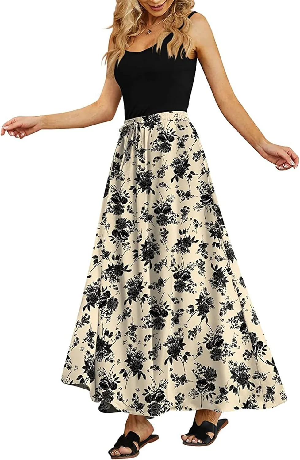 Womens Midi Length Skirt, High Waist A Line Ruffle Swing Long Maxi Skirt, Summer Pleated Floral Long Skirts with Pockets