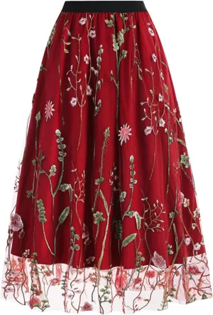 Womens Midi Skirts Embroidered Mesh Skirt Floral Lace Skirts Elastic High Waist Skirts Trendy A Line Pleated Skirts