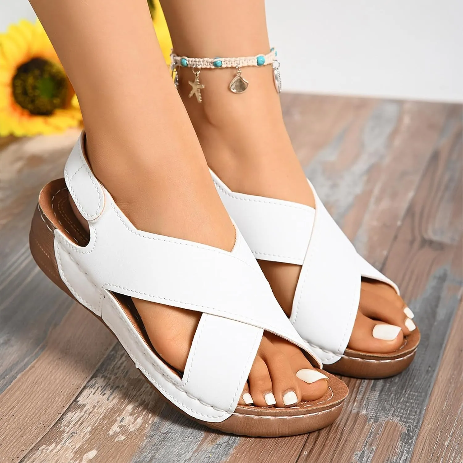 Womens Orthopedic Wedge Sandals Summer Comfortable Casual Slides Sandals with Arch Support Criss Cross Buckle Ankle Strap Wedge Shoes