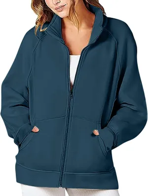 Womens Oversized Sweatshirts No Hood Long Sleeve Zipper Fleece Sweatshirt Jackets Pullovers Comfort Trendy Clothes