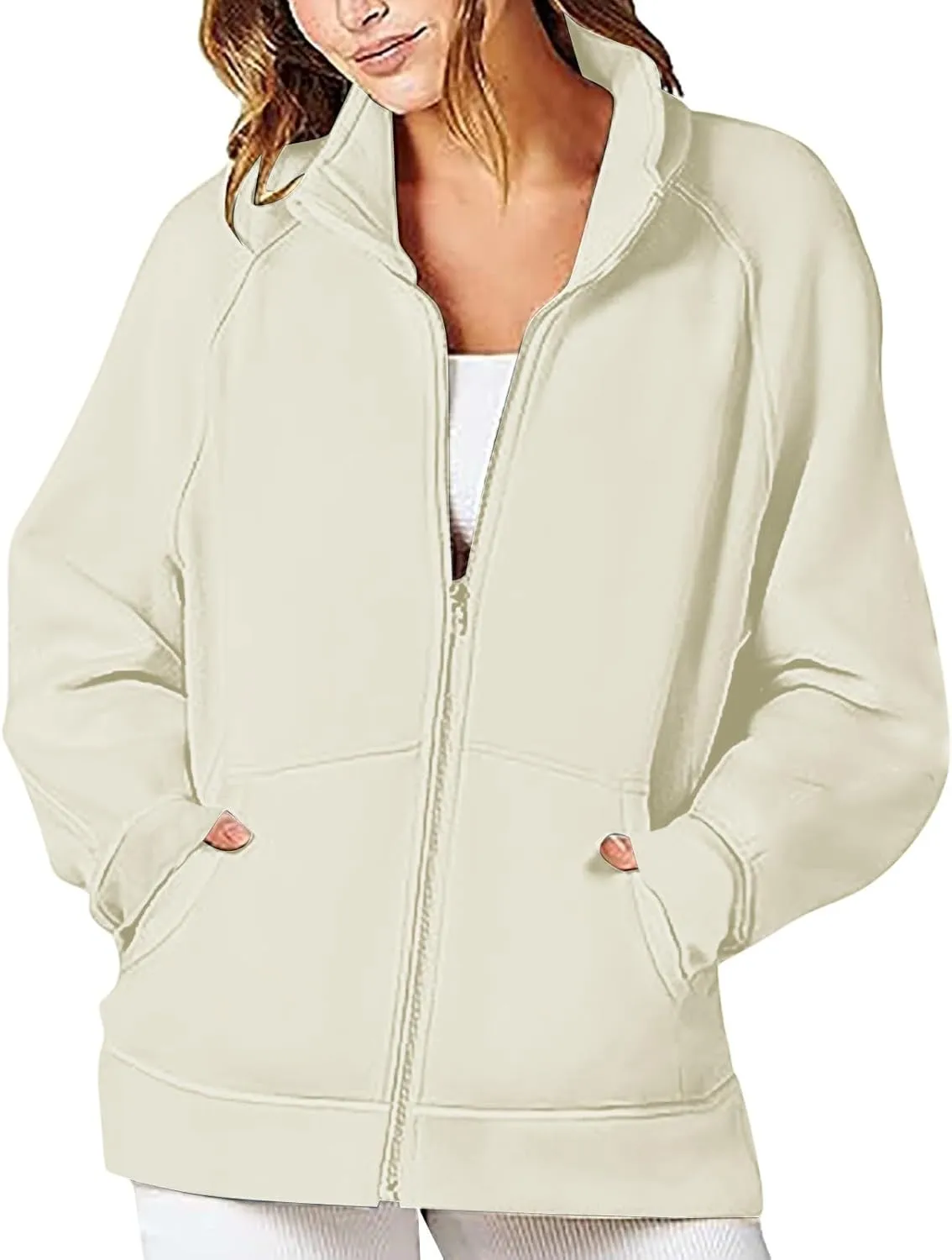 Womens Oversized Sweatshirts No Hood Long Sleeve Zipper Fleece Sweatshirt Jackets Pullovers Comfort Trendy Clothes