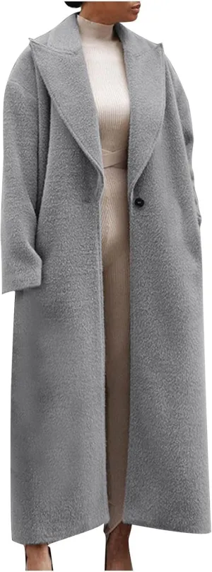 Women's Oversized Trench Coat Notched Lapel Collar Wool Blend Pea Coats Open Front Long Sleeve Maxi Outerwear
