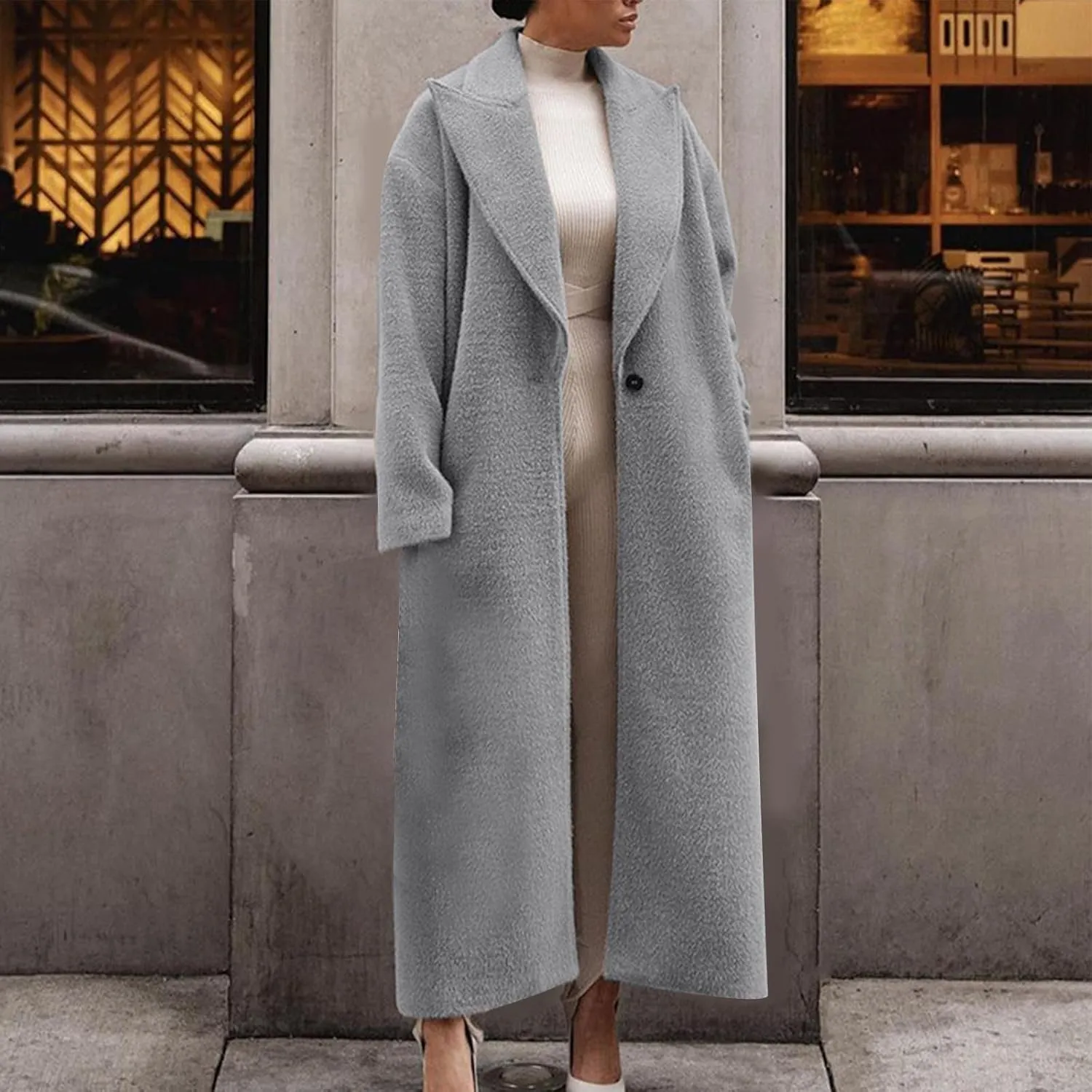Women's Oversized Trench Coat Notched Lapel Collar Wool Blend Pea Coats Open Front Long Sleeve Maxi Outerwear