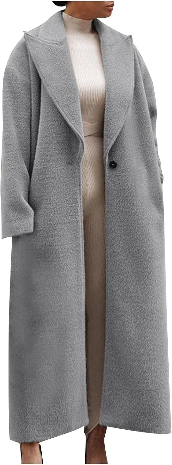Women's Oversized Trench Coat Notched Lapel Collar Wool Blend Pea Coats Open Front Long Sleeve Maxi Outerwear