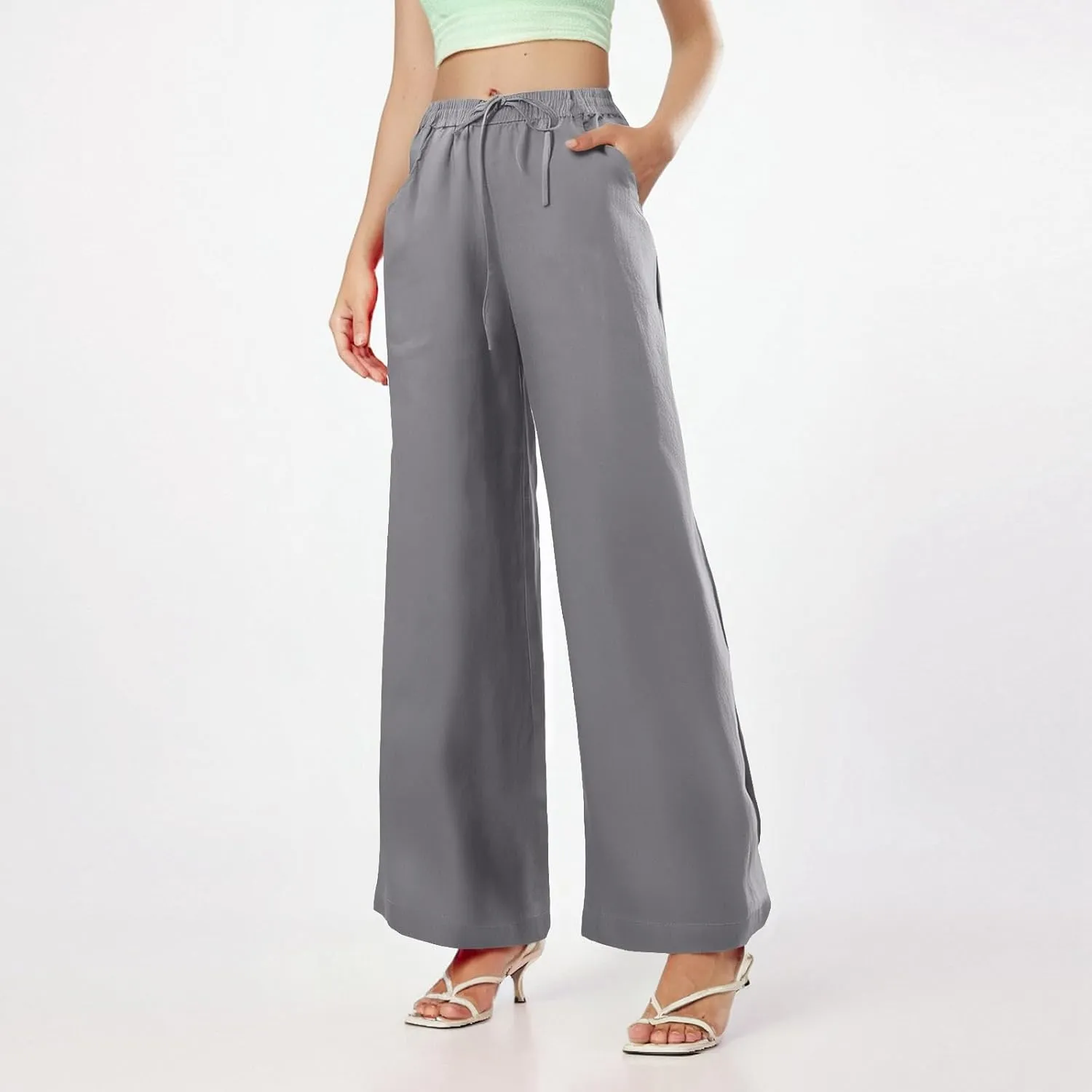 Women's Pants Flowy Long Wide Leg High Waisted Pants Casual Drawstring Pull On Beach Trousers with Pockets