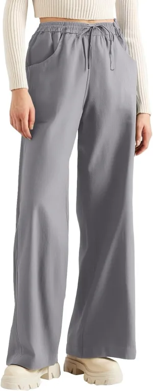 Women's Pants Flowy Long Wide Leg High Waisted Pants Casual Drawstring Pull On Beach Trousers with Pockets