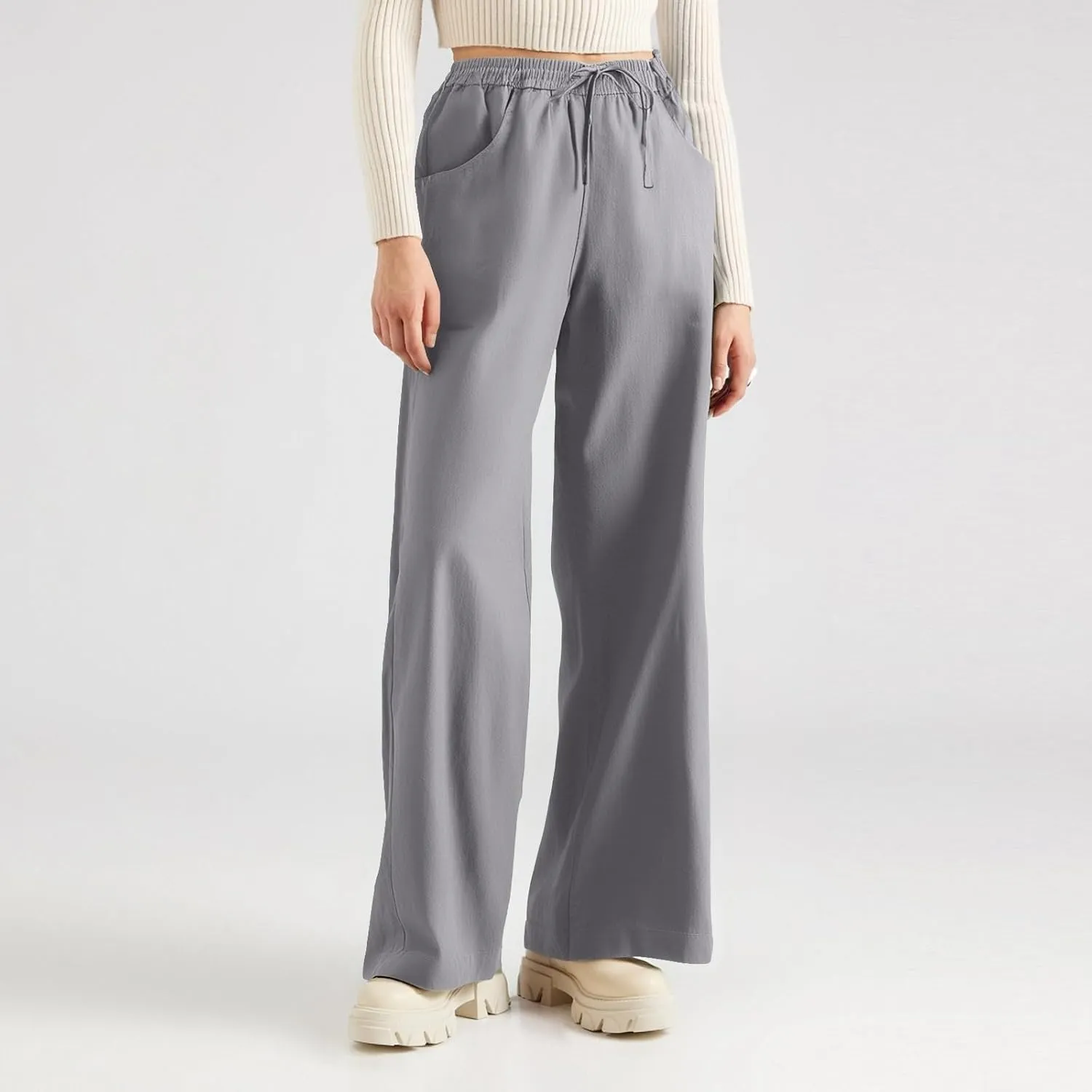 Women's Pants Flowy Long Wide Leg High Waisted Pants Casual Drawstring Pull On Beach Trousers with Pockets