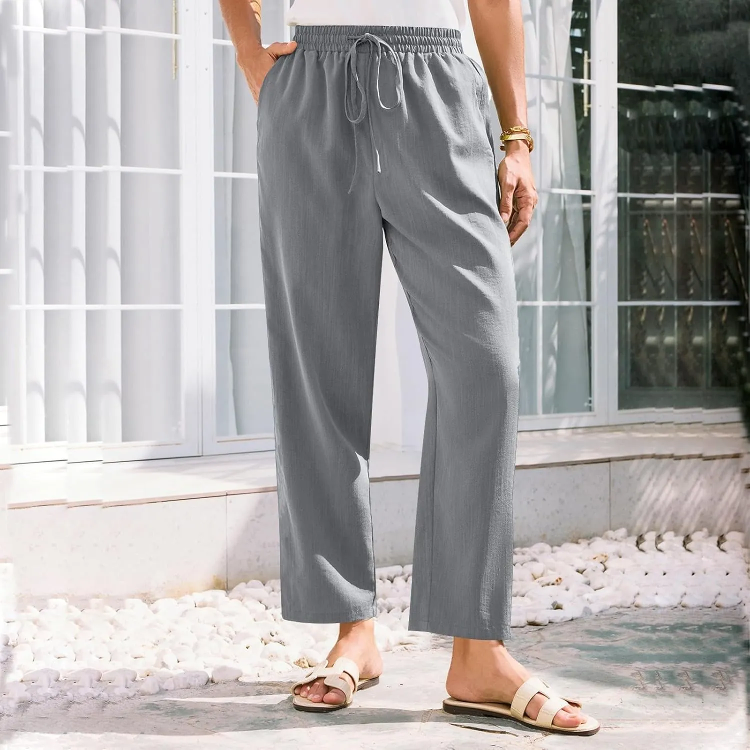 Women's Pants, Peasant Pants Linen Straight Leg Casual Drawstring Trendy Comfortable Fit