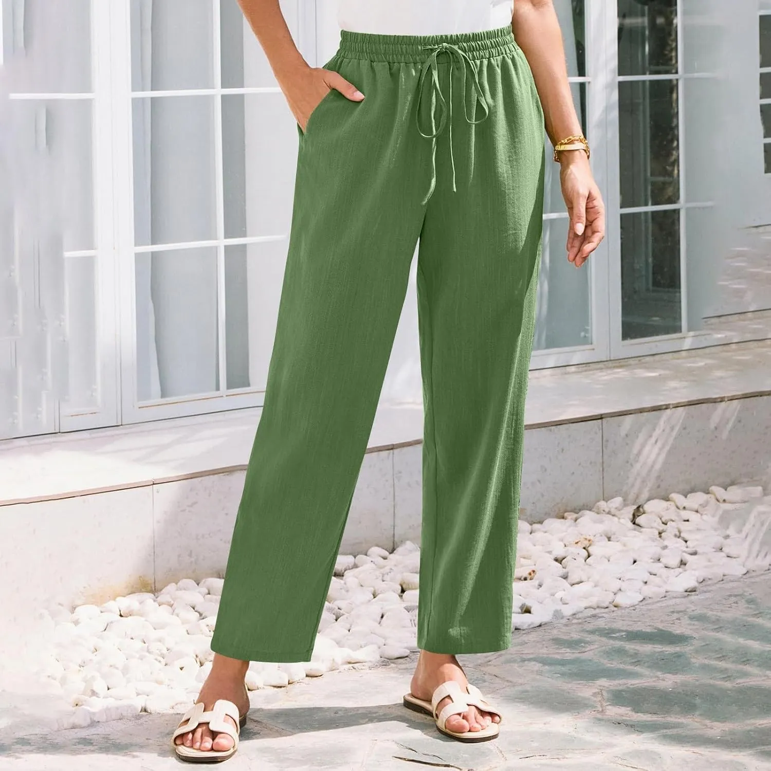 Women's Pants, Peasant Pants Linen Straight Leg Casual Drawstring Trendy Comfortable Fit