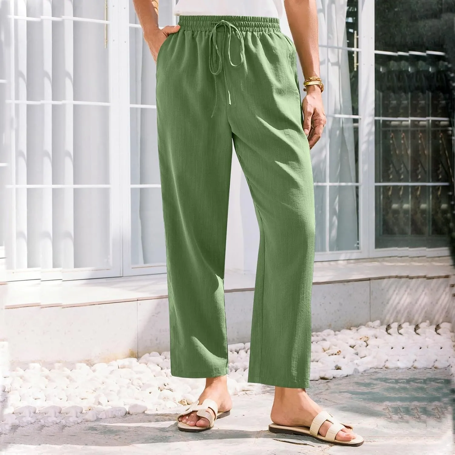 Women's Pants, Peasant Pants Linen Straight Leg Casual Drawstring Trendy Comfortable Fit