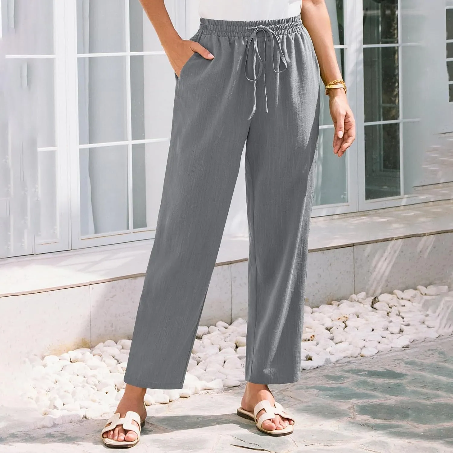 Women's Pants, Peasant Pants Linen Straight Leg Casual Drawstring Trendy Comfortable Fit
