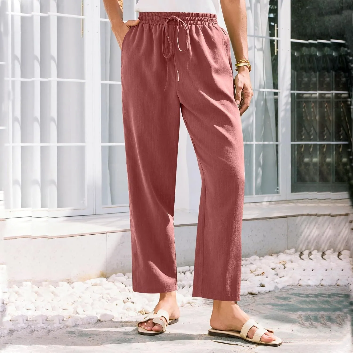 Women's Pants, Peasant Pants Linen Straight Leg Casual Drawstring Trendy Comfortable Fit