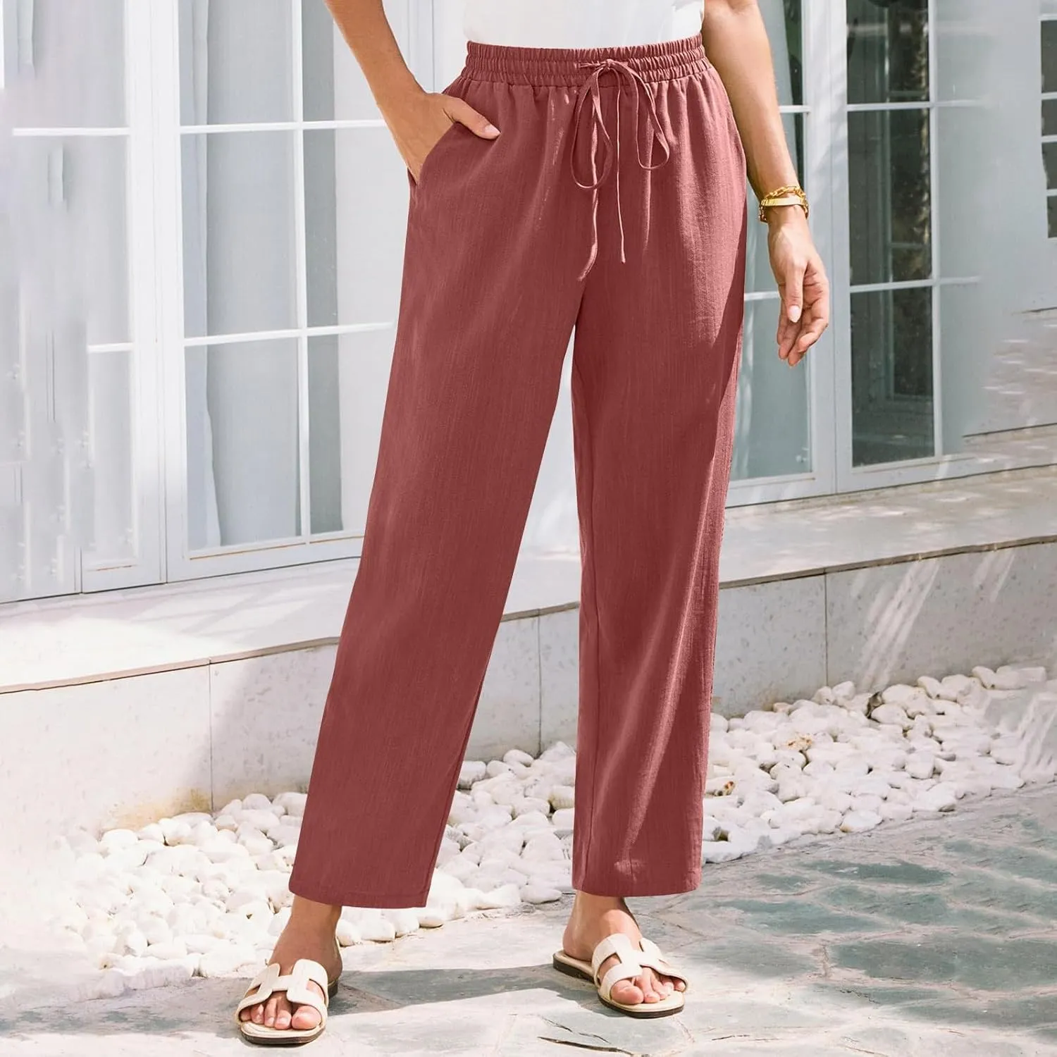 Women's Pants, Peasant Pants Linen Straight Leg Casual Drawstring Trendy Comfortable Fit