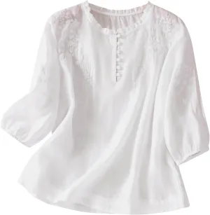 Women's Puff Short Sleeve Mexican Blouse V Neck Button Floral Embroidered Tops Loose Cotton Linen Peasant Boho Shirts