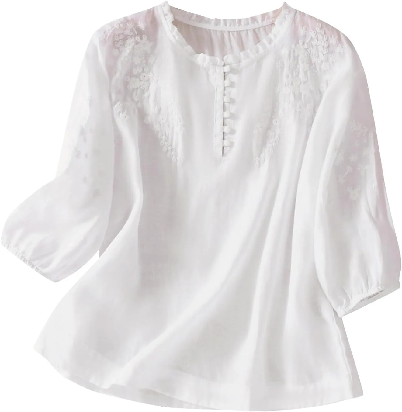 Women's Puff Short Sleeve Mexican Blouse V Neck Button Floral Embroidered Tops Loose Cotton Linen Peasant Boho Shirts