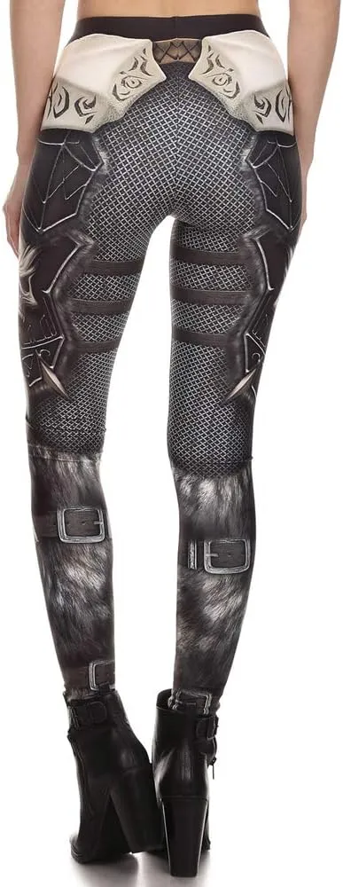 Women's Retro Punk Pioneer Warrior Print Stretch Leggings Sexy Comic Tattoo Smooth & Soft Elastic Pants - Reg, Plus