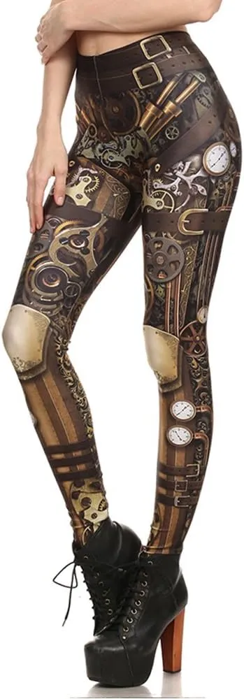 Women's Retro Punk Pioneer Warrior Print Stretch Leggings Sexy Comic Tattoo Smooth & Soft Elastic Pants - Reg, Plus