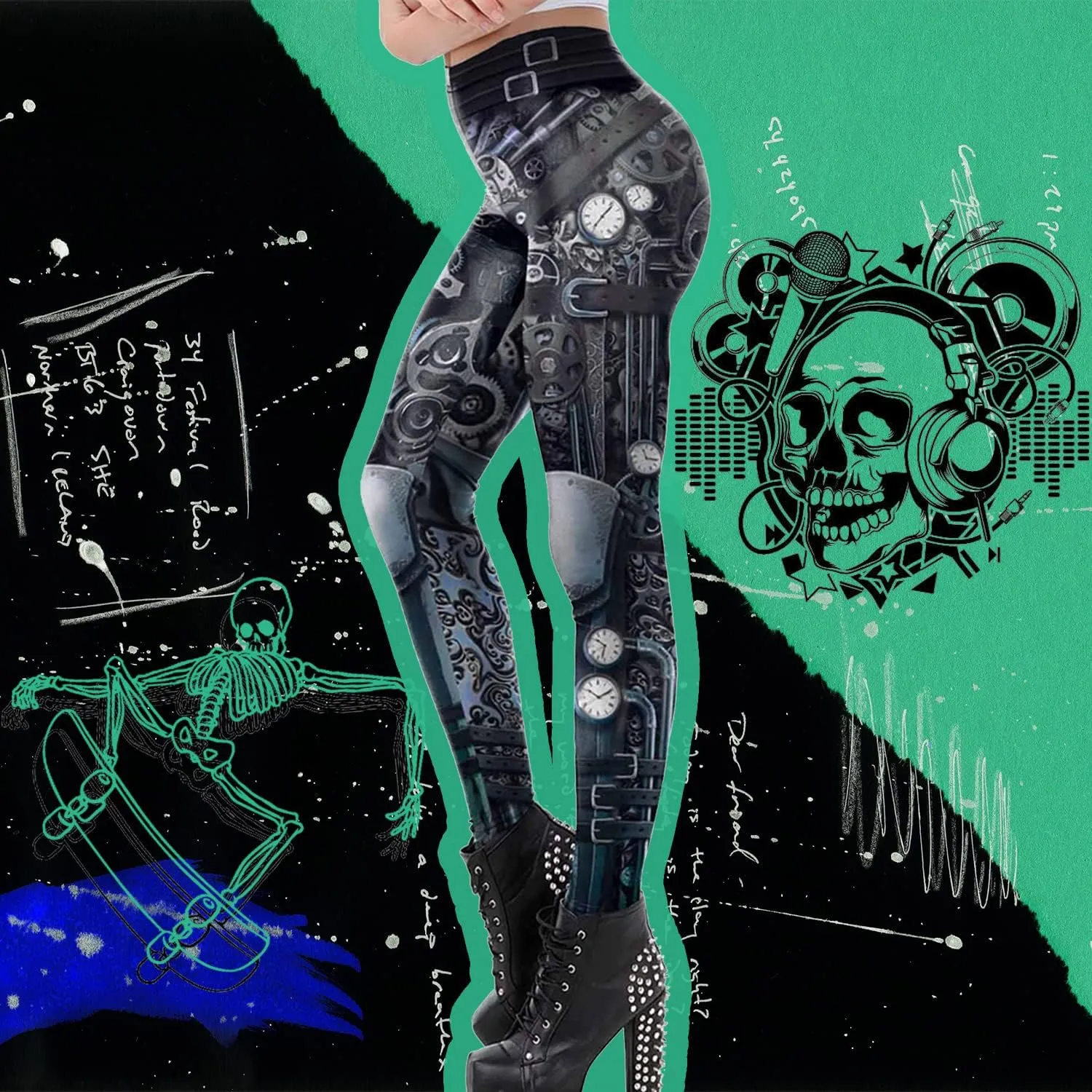 Women's Retro Punk Pioneer Warrior Print Stretch Leggings Sexy Comic Tattoo Smooth & Soft Elastic Pants - Reg, Plus