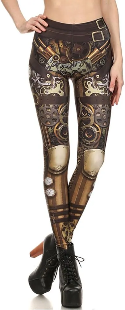 Women's Retro Punk Pioneer Warrior Print Stretch Leggings Sexy Comic Tattoo Smooth & Soft Elastic Pants - Reg, Plus