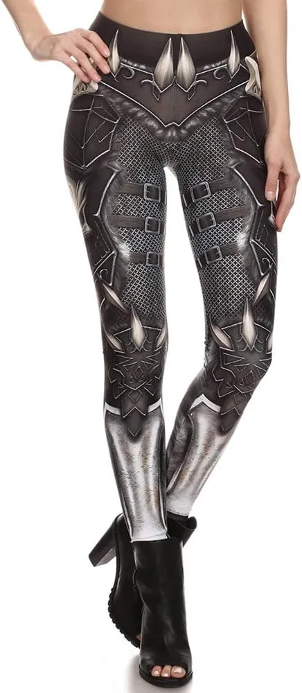Women's Retro Punk Pioneer Warrior Print Stretch Leggings Sexy Comic Tattoo Smooth & Soft Elastic Pants - Reg, Plus